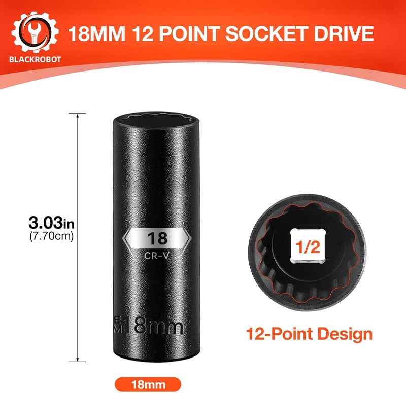 BLACKROBOT 18 mm 12-Point Deep Impact Socket, 1/2 Inch Drive, Metric, Cr-V Steel With Black Manganese Phosphate Coating - Image 2